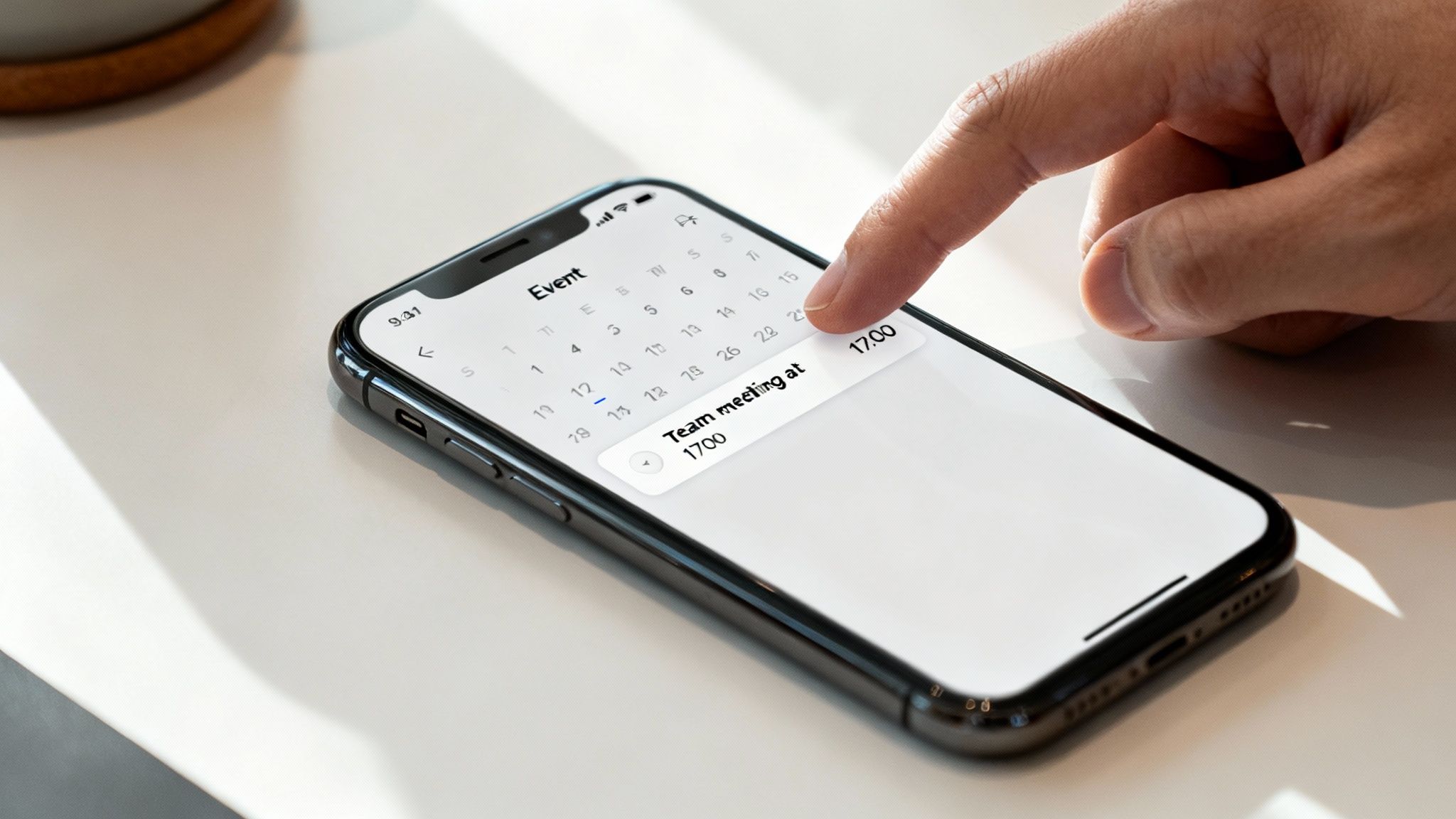 Hand tapping a smartphone calendar app, scheduling 'Team meeting at 1700' on a white desk.