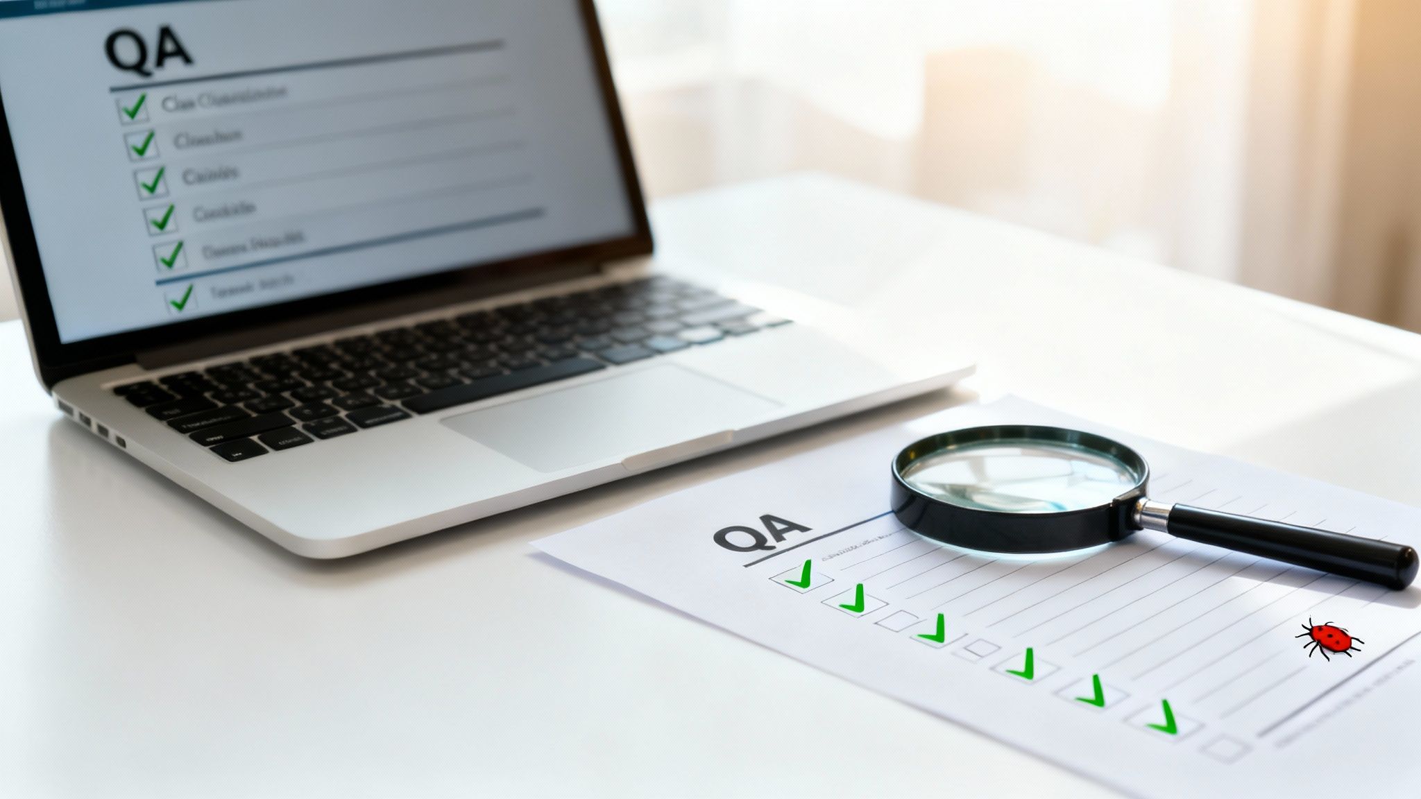Quality assurance checklist on laptop and paper with magnifying glass examining completed QA tasks
