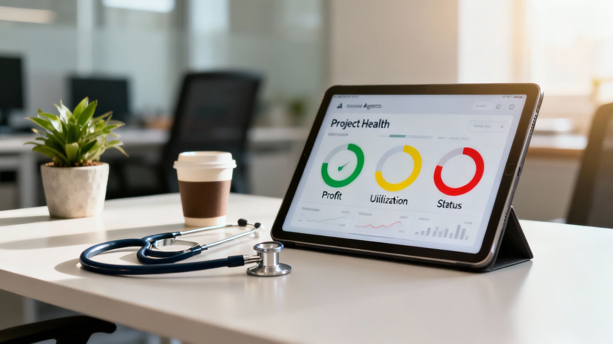 A tablet on a desk displays 'Project Health' metrics with profit, utilization, and status gauges, next to a stethoscope.