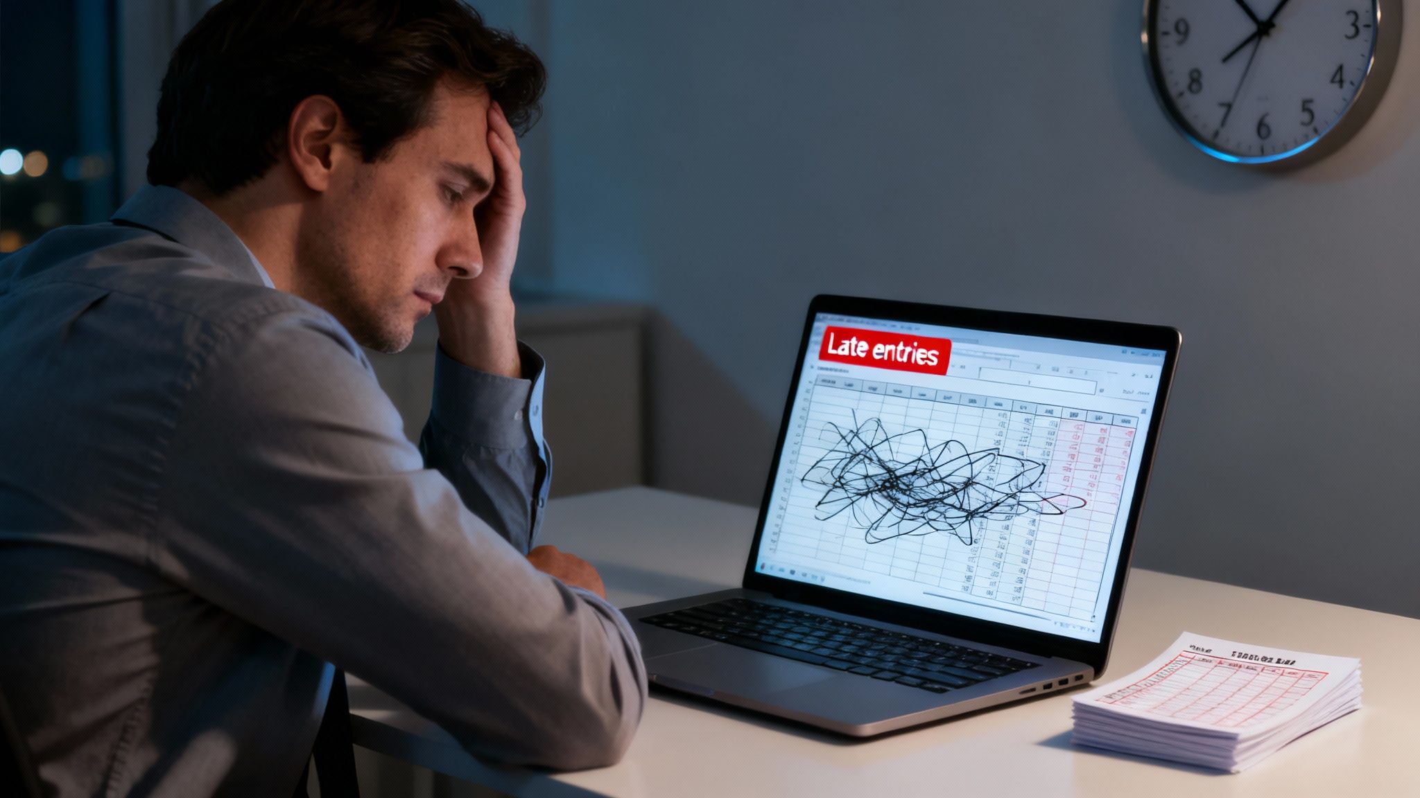 A stressed man looks at a laptop displaying 'Late entries' on a messy spreadsheet.
