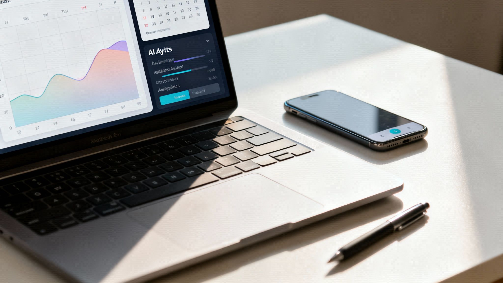 A laptop displaying data graphs, a smartphone, and a pen on a clean white desk, illuminated by sunlight.