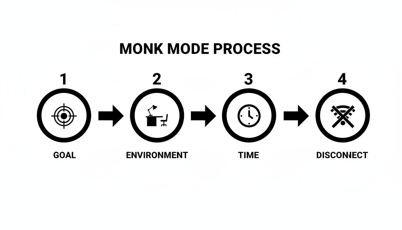Flowchart outlining the Monk Mode Process: Goal, Environment, Time, and Disconnect, with corresponding icons.
