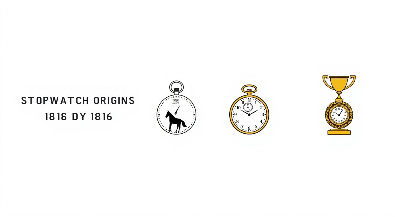 Text 'STOPWATCH ORIGINS 1818 DY 1816' with illustrations of two vintage watches and a trophy.
