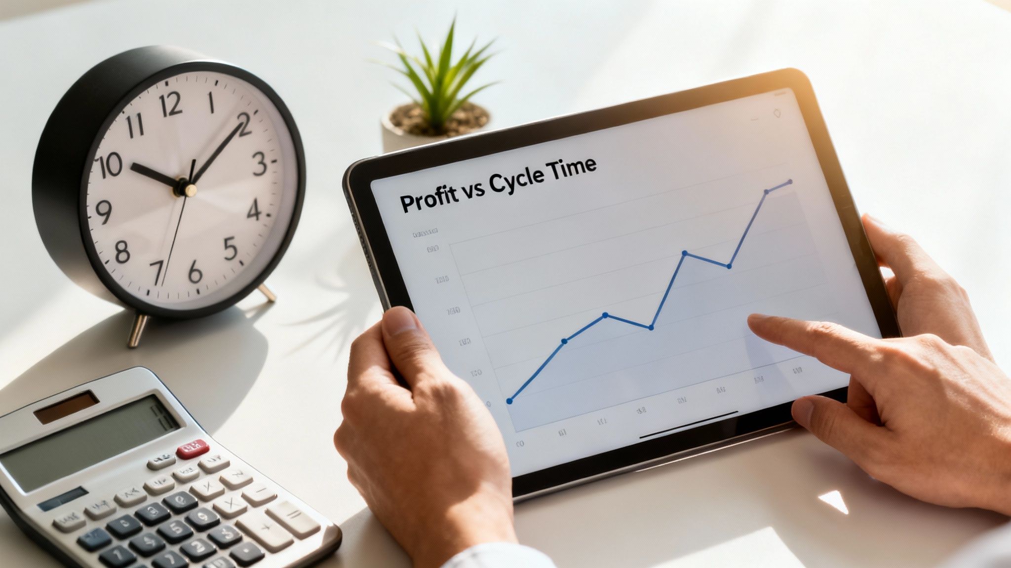 A person analyzing a 'Profit vs Cycle Time' graph on a tablet, with a calculator and clock nearby.
