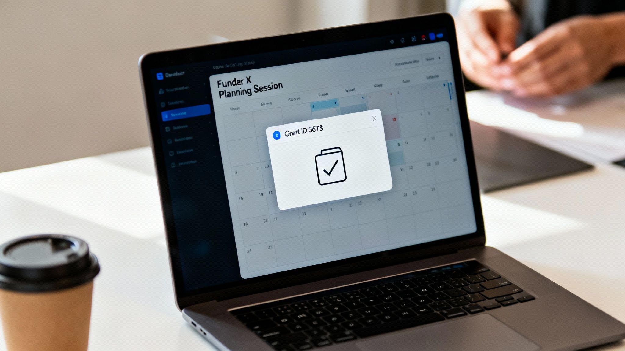 A laptop displaying a grant tracking system with a 'Grant ID 5678' completion notification.