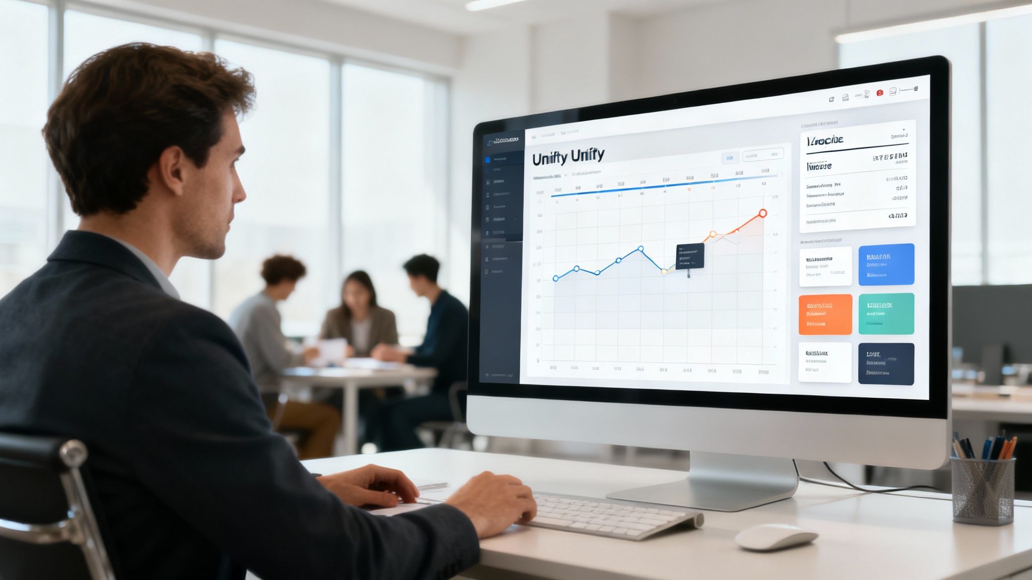 Business professional analyzing data visualization dashboard with growth charts on desktop computer screen