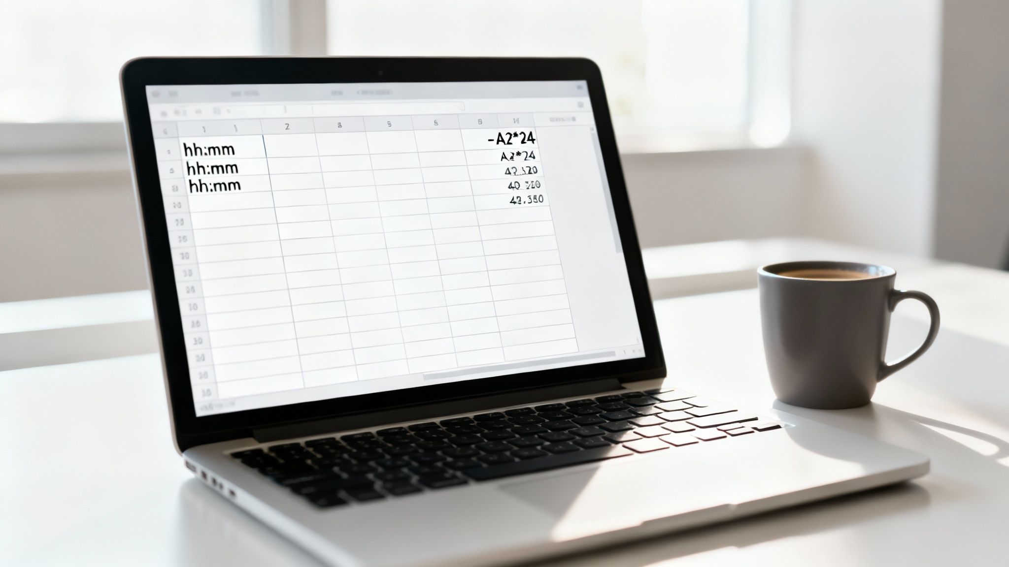 A laptop on a white desk displays a spreadsheet with time calculations next to a coffee mug.