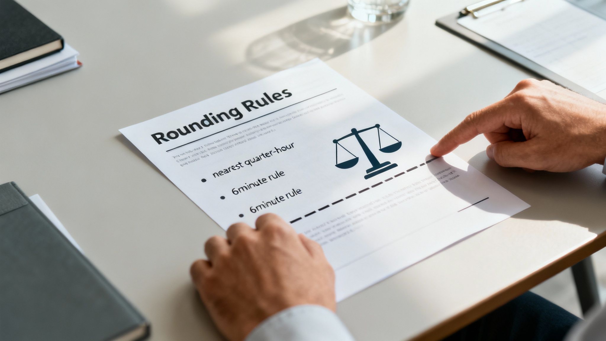 A person's hands on a document titled 'Rounding Rules' with legal scales and time calculation methods.