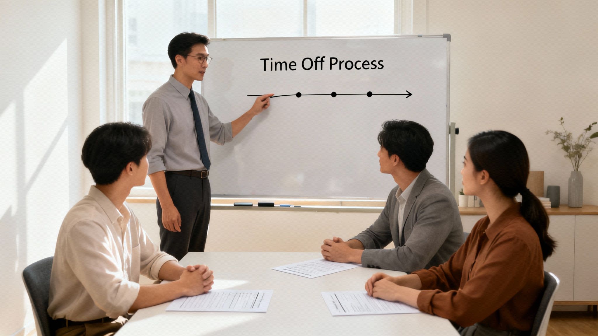 A group of diverse employees in a meeting, collaboratively discussing the new employee time off request form process.