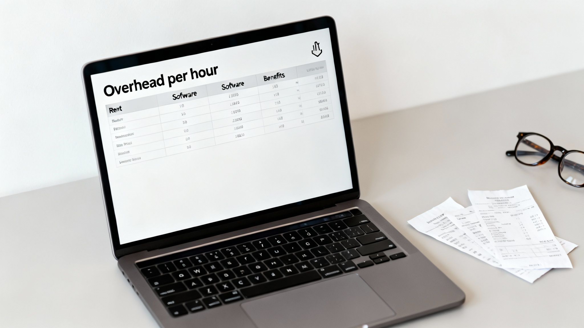 A laptop displays an 'Overhead per hour' spreadsheet with financial data, receipts, and eyeglasses.
