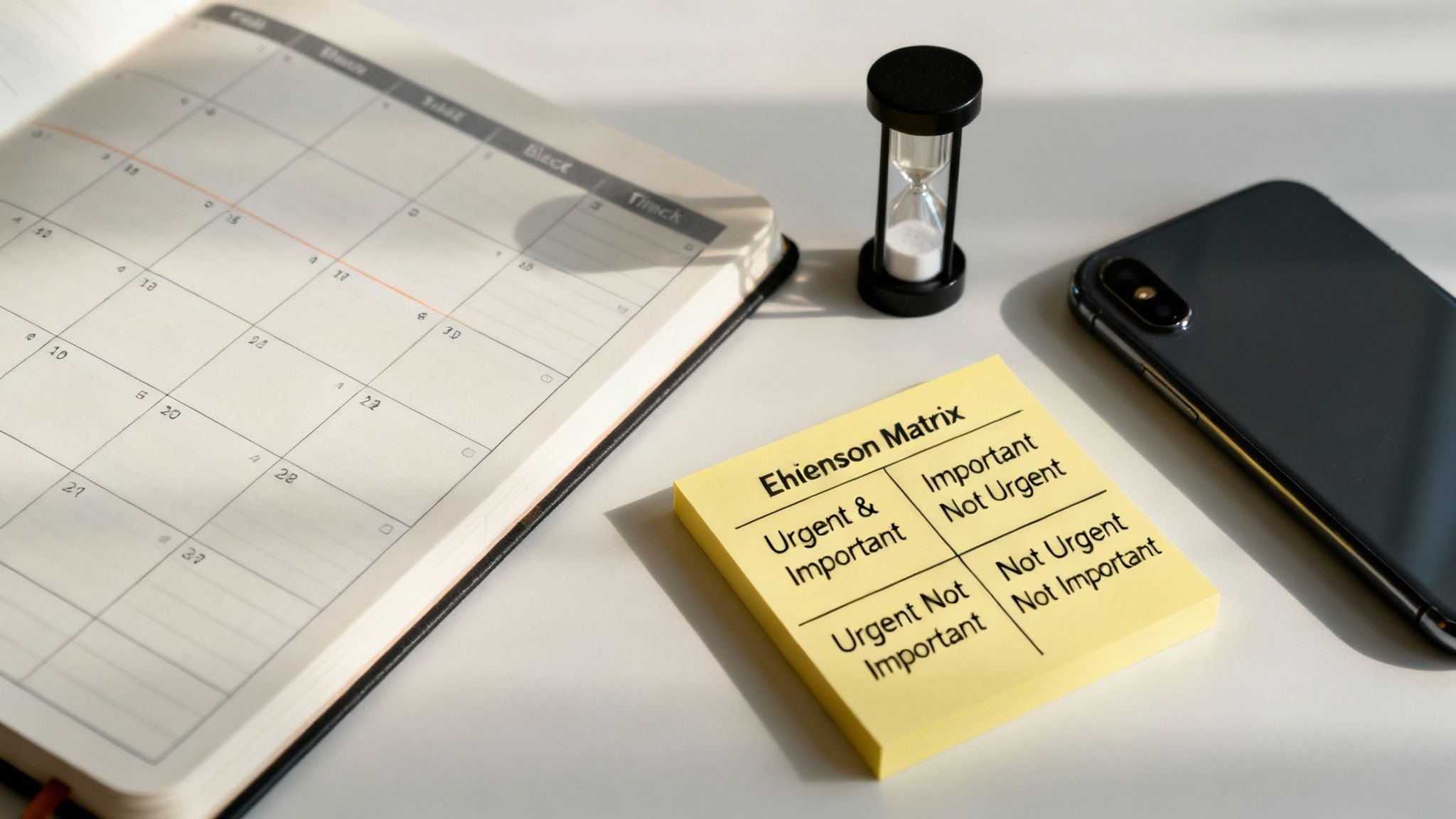 The Eisenhower Matrix is shown with four quadrants for prioritizing tasks.