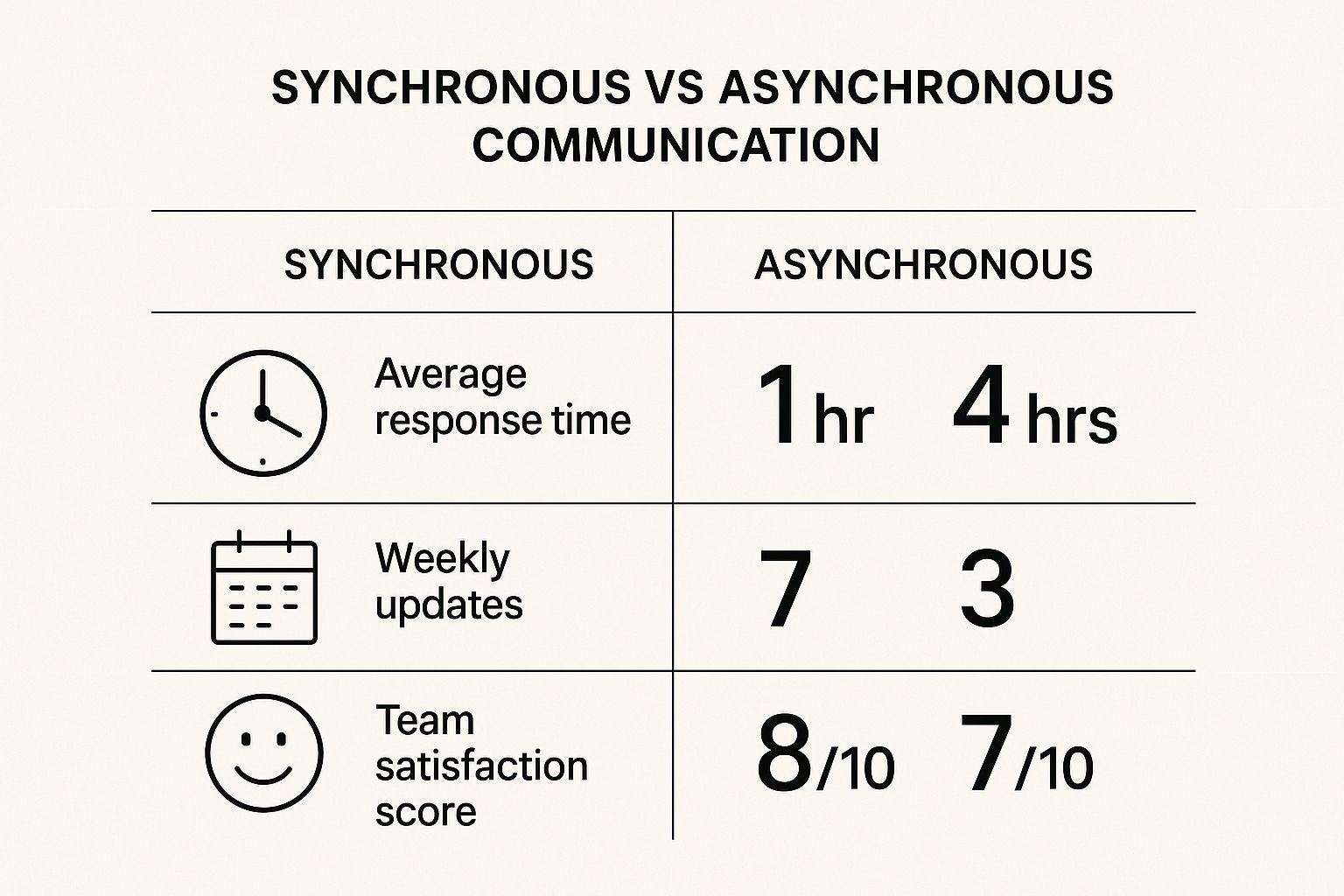 Infographic comparing Synchronous and Asynchronous communication, showing data on response time, weekly updates, and team satisfaction.