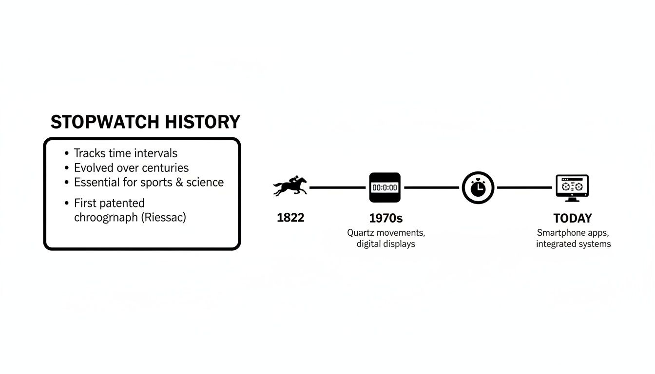 A timeline illustrating the history of stopwatches, from mechanical in 1822 to digital in the 1970s and modern apps today.