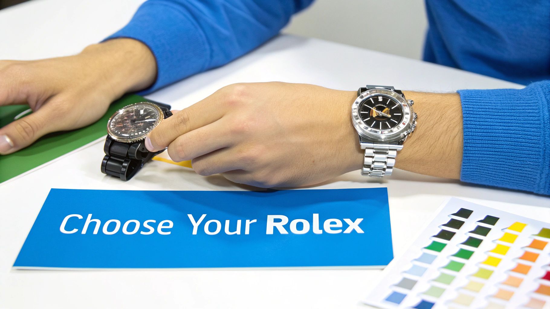 Two people comparing luxury Rolex watches on wrists at retail counter with selection guide