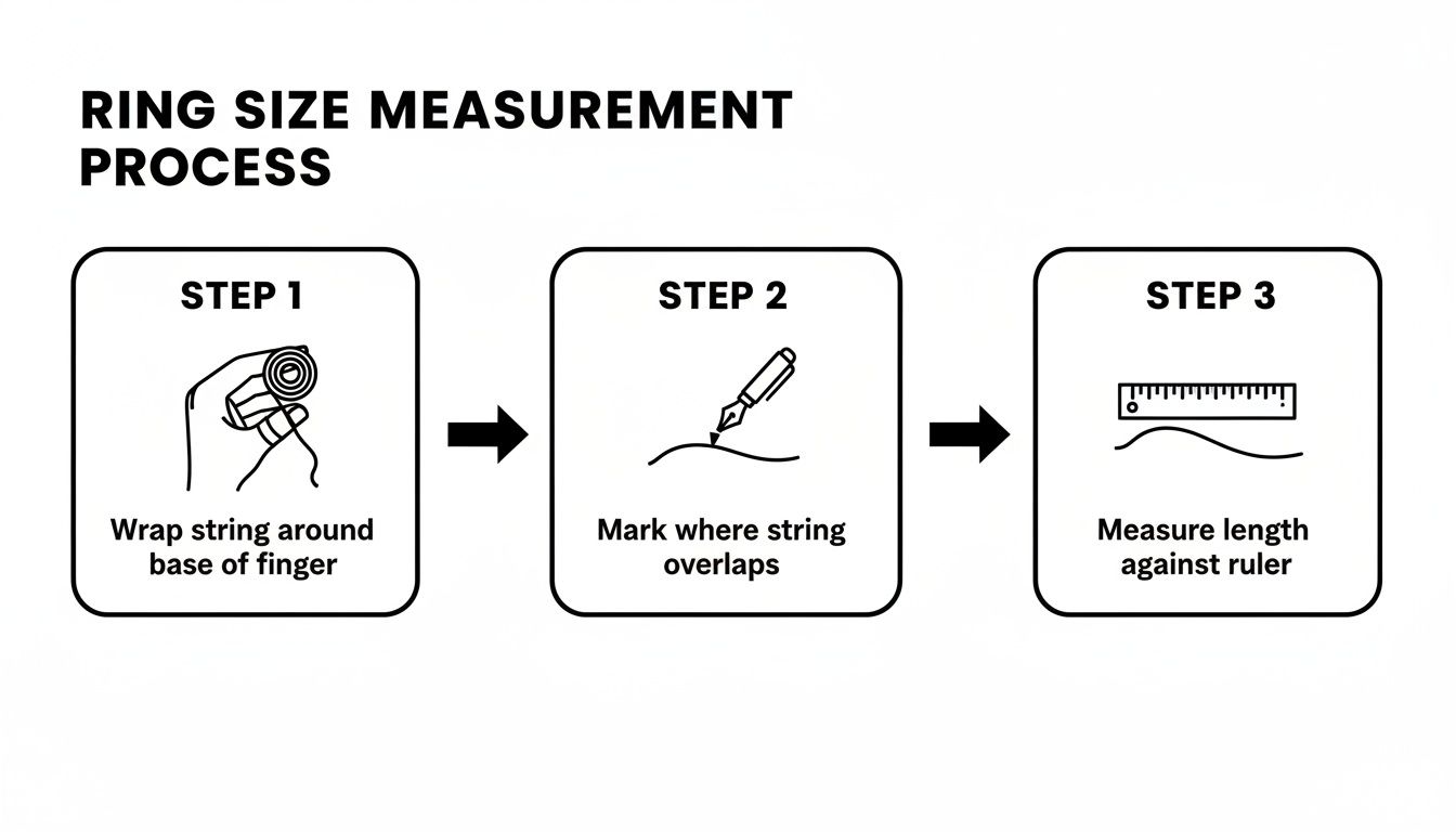 A 3-step diagram showing how to measure ring size at home using string and a ruler.