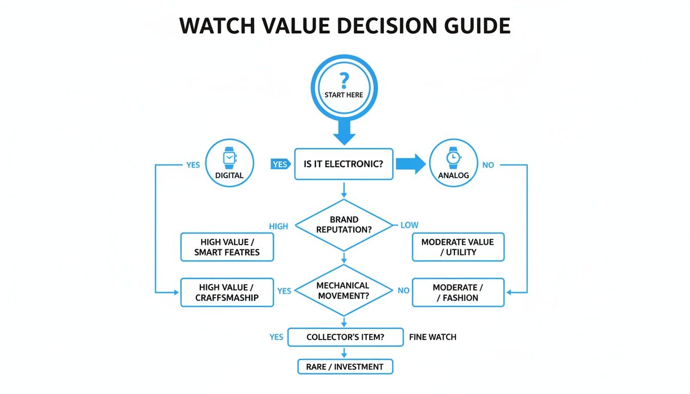 A flowchart guiding watch value decisions based on electronic, analog, brand reputation, and movement type.
