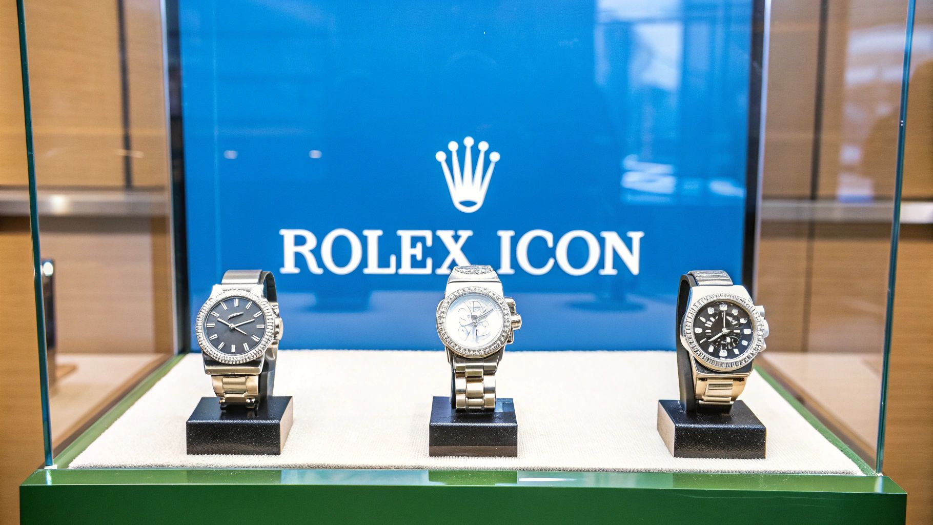 Three diamond-bezel Rolex luxury watches displayed in a glass case with the Rolex Icon logo.