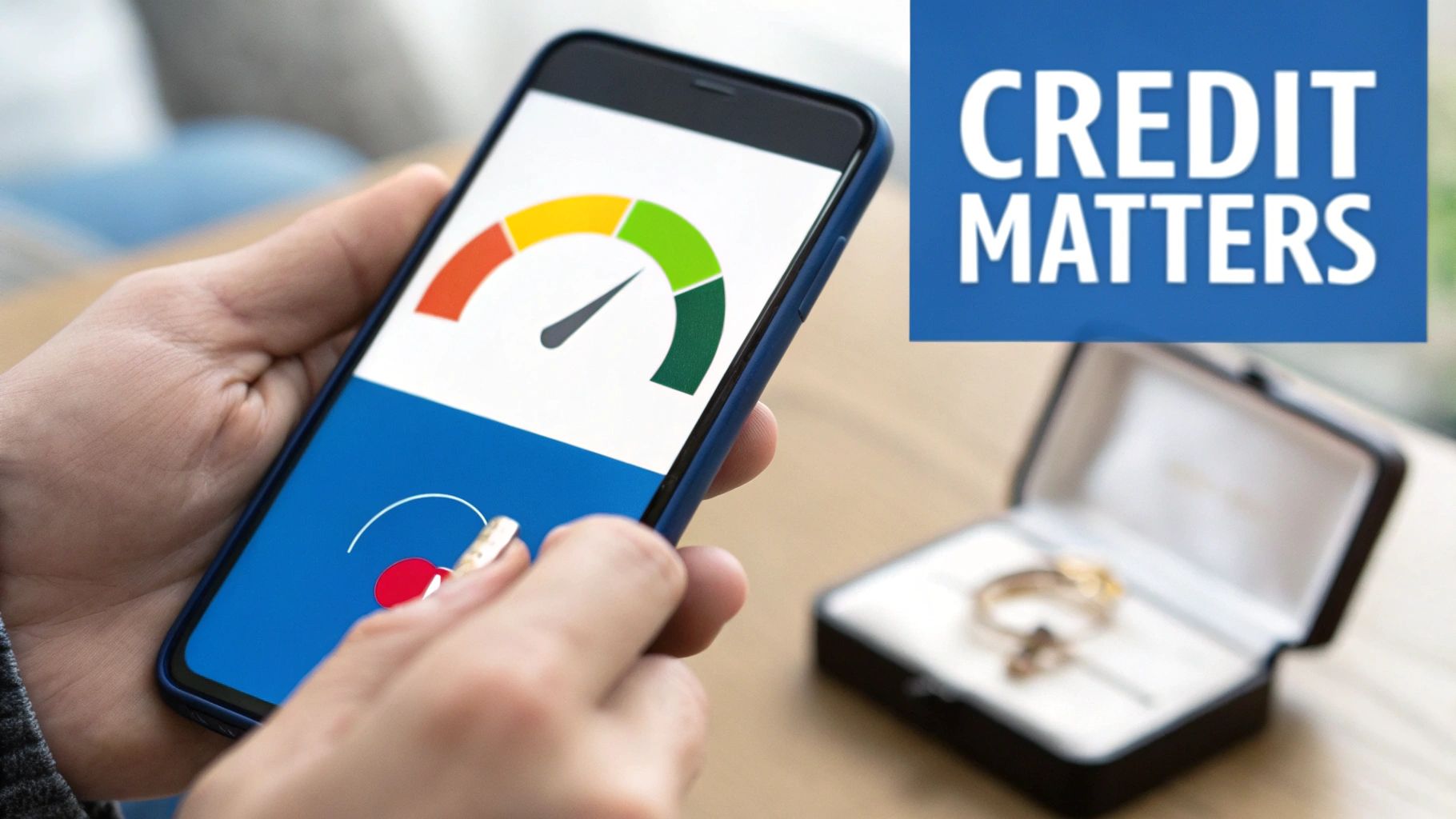 Person checking their credit score on a smartphone app, with a 'Credit Matters' banner and a ring in a jewelry box.