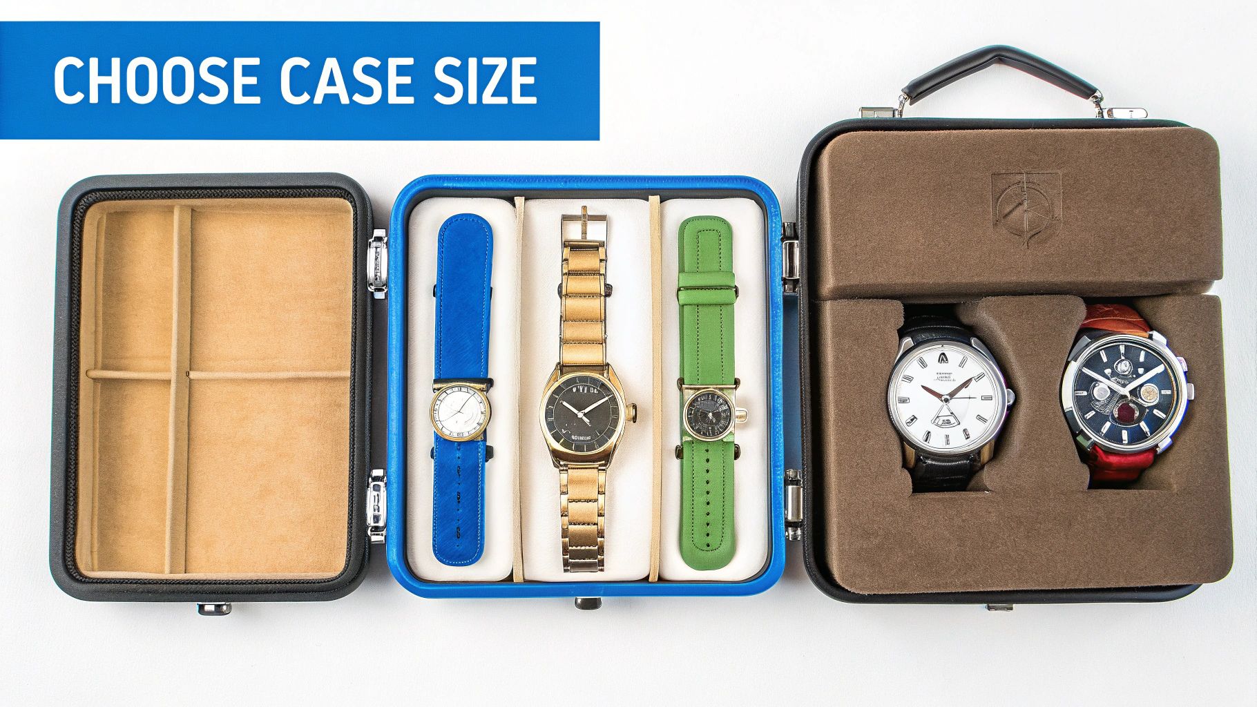 Three open watch travel cases display different sizes, with five stylish watches inside.