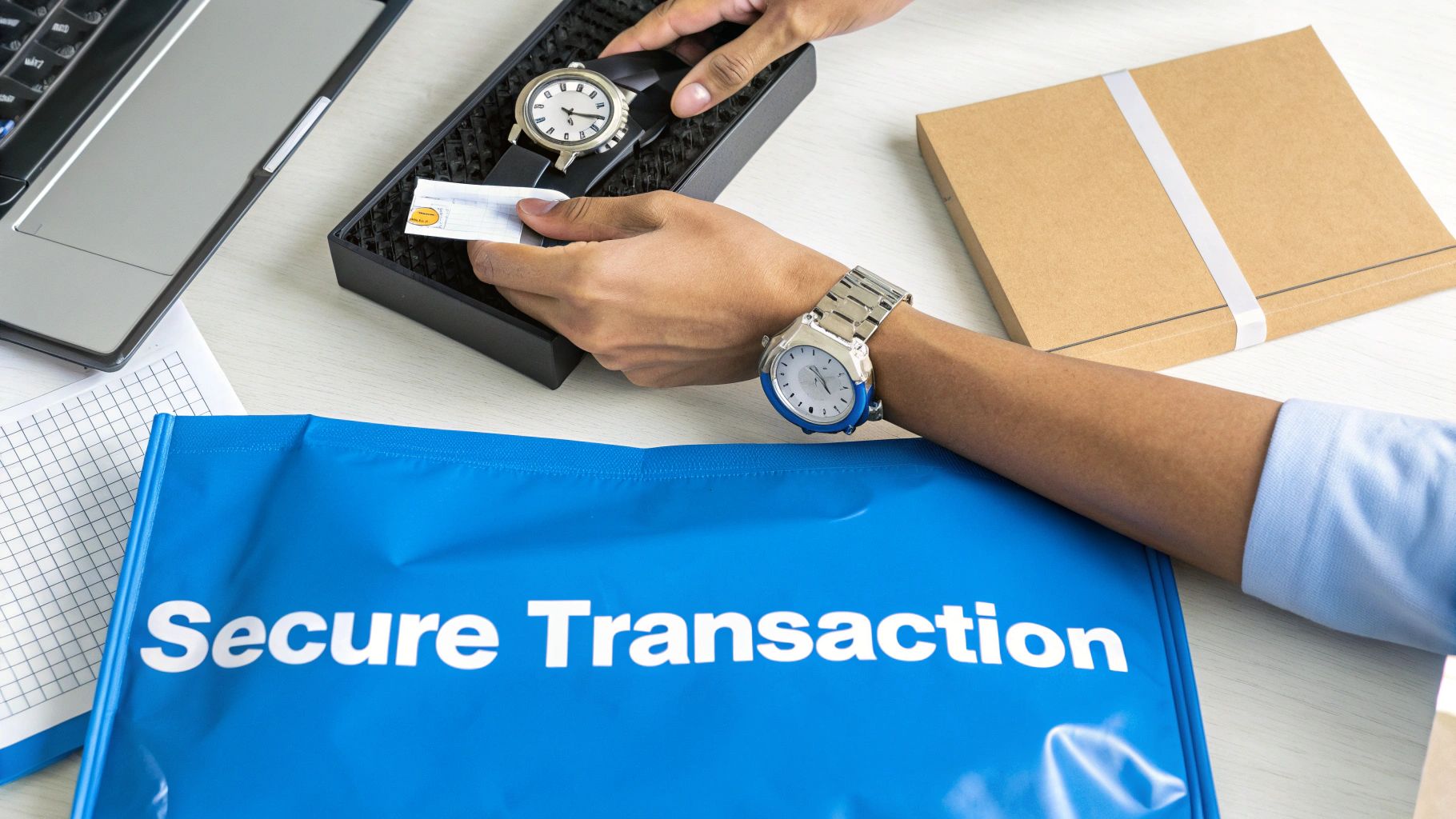 Hands exchanging a watch and a card, with a 'Secure Transaction' bag, laptop, and package on a desk.
