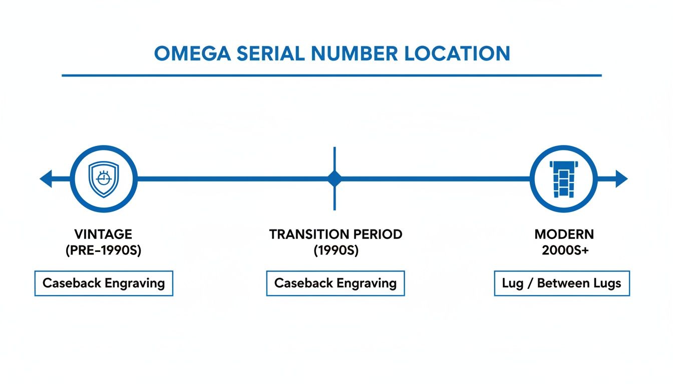 Timeline illustrating Omega serial number locations: caseback for vintage and transition, lug or between lugs for modern watches.