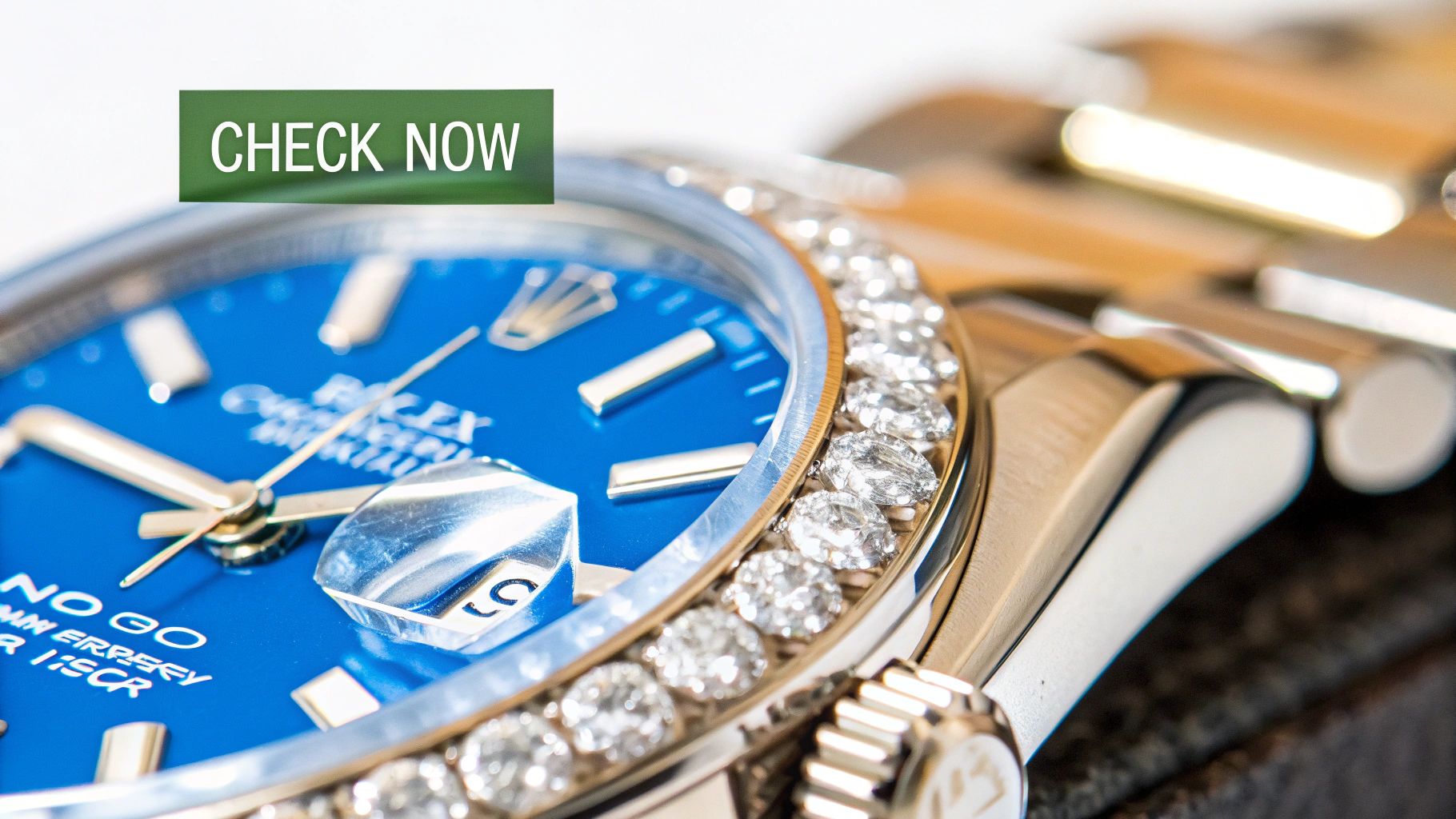 Close-up of a luxurious Rolex watch with a blue dial, gold markers, and a diamond-set bezel.