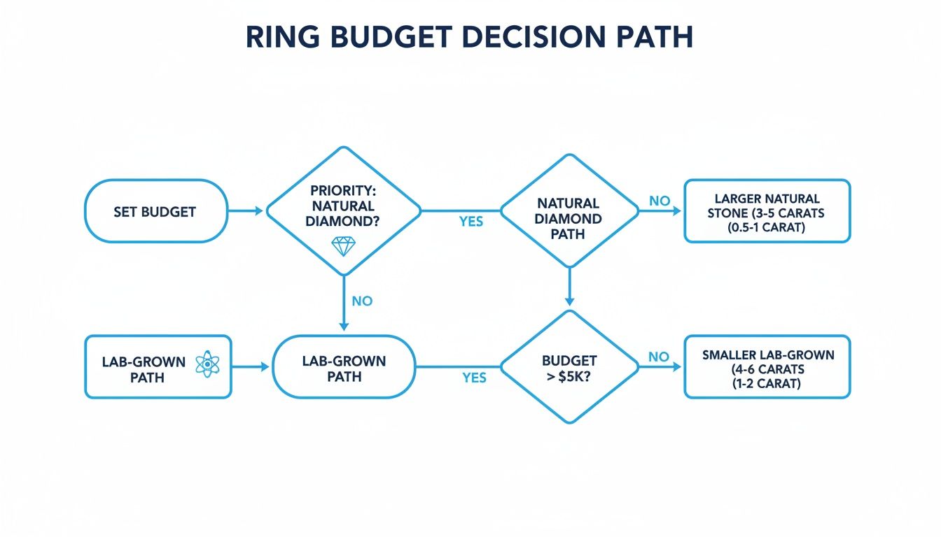 Flowchart outlining the ring budget decision path for choosing between natural and lab-grown diamonds.