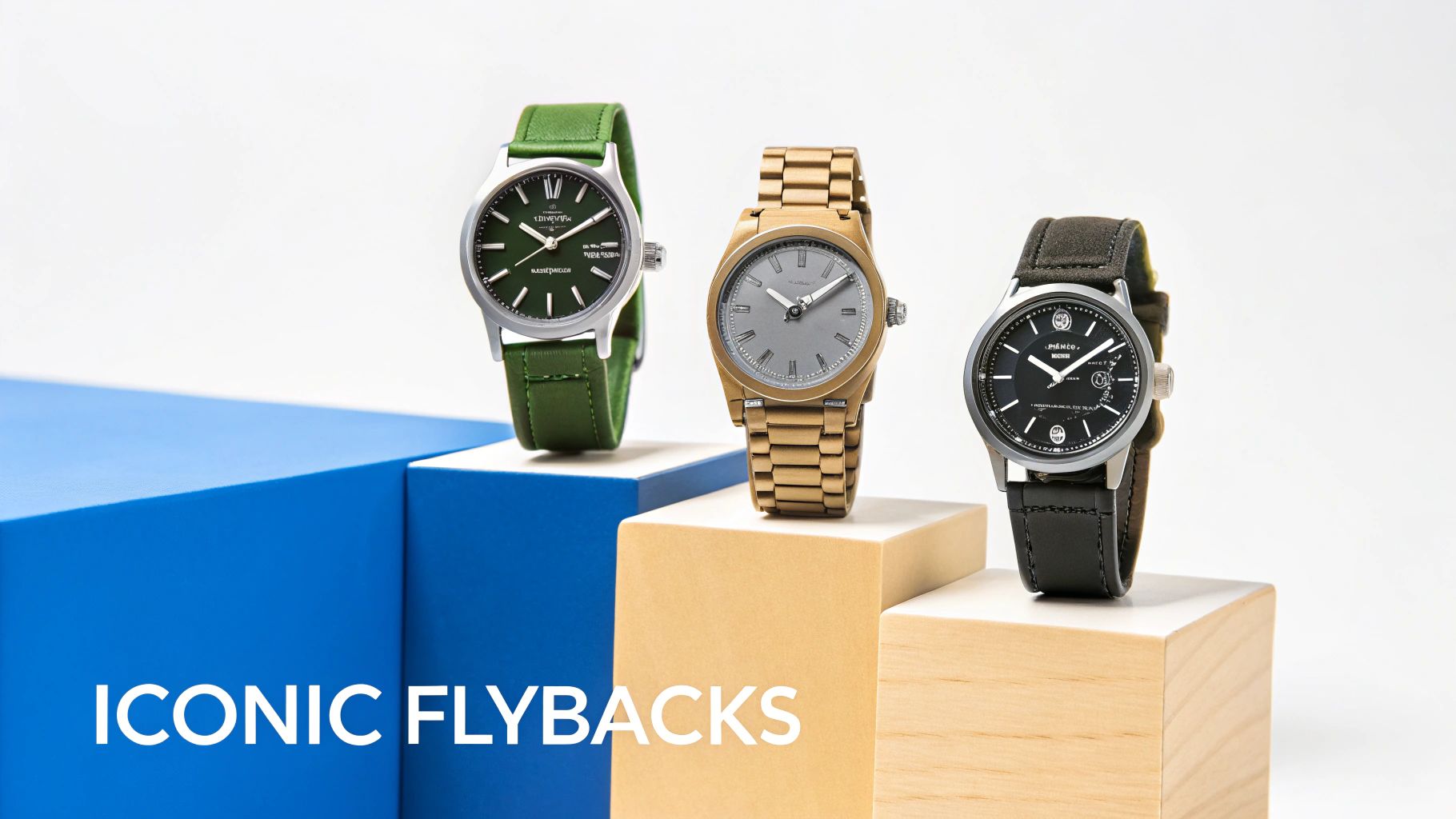 Three stylish flyback watches displayed on pedestals with 'ICONIC FLYBACKS' text.