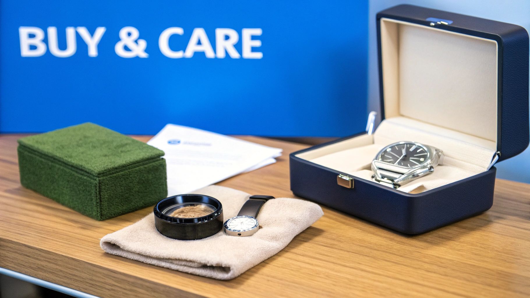 Two luxury watches, care products, and packaging boxes arranged on a wooden table.