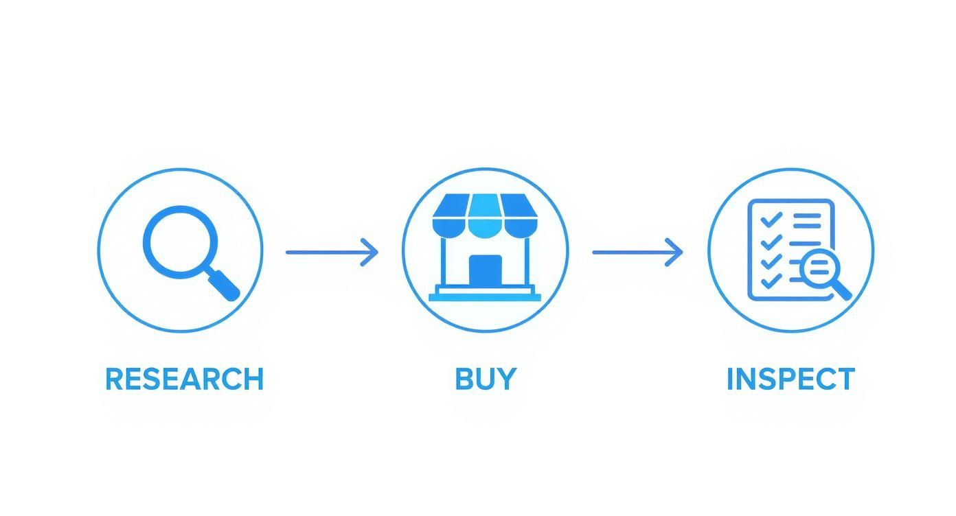 A blue flowchart illustrating three steps in a process: Research (magnifying glass), Buy (storefront), and Inspect (checklist).