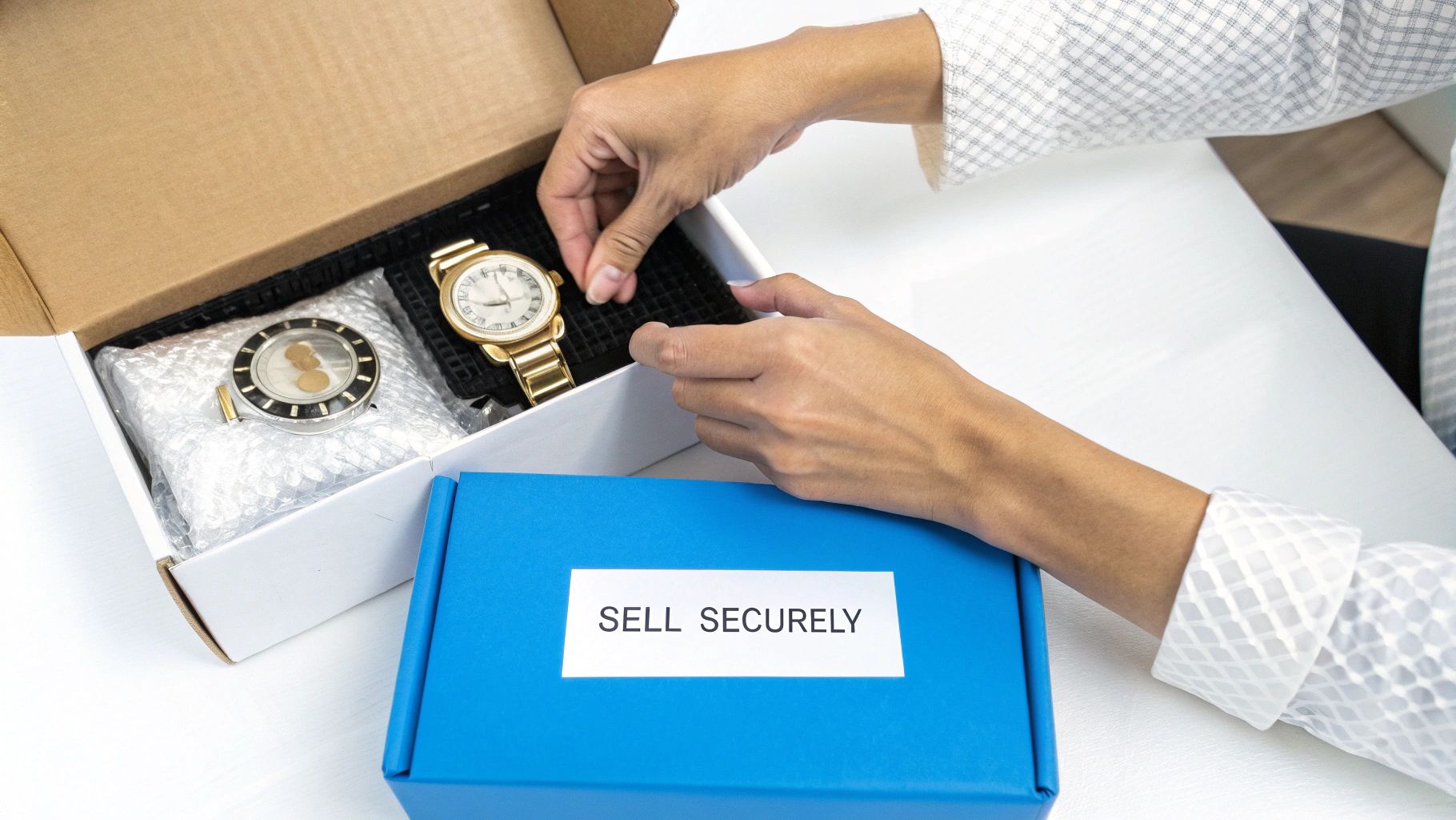 Hands carefully place a gold luxury watch into a shipping box with another watch for secure selling.