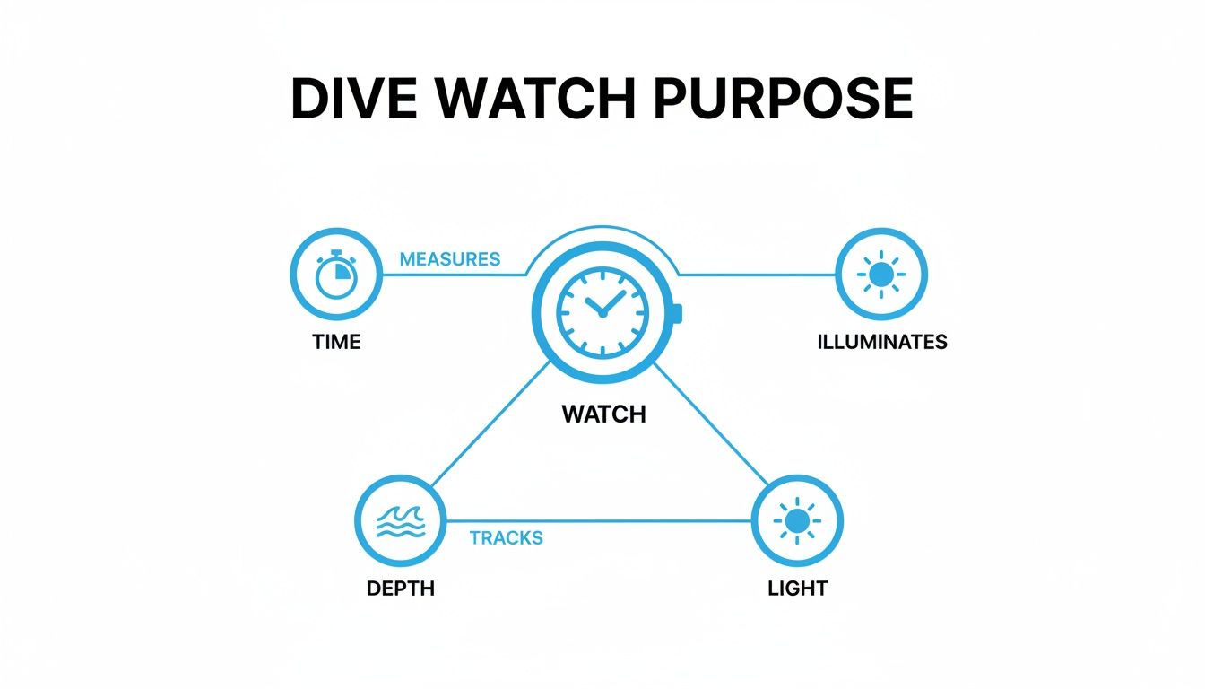 An infographic illustrating the multi-faceted purpose of a dive watch for measuring time, tracking depth, and providing light.