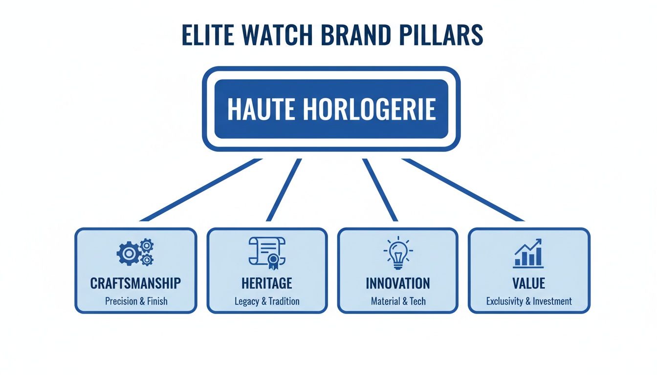 Diagram illustrating the four core pillars of Haute Horlogerie for elite watch brands: Craftsmanship, Heritage, Innovation, and Value.