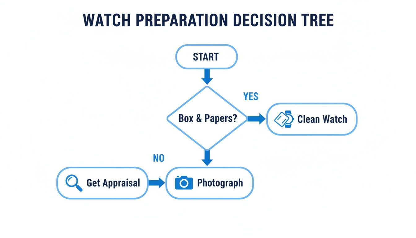 A flowchart outlining the watch preparation decision tree, including steps like checking for box and papers, cleaning, and appraisal.