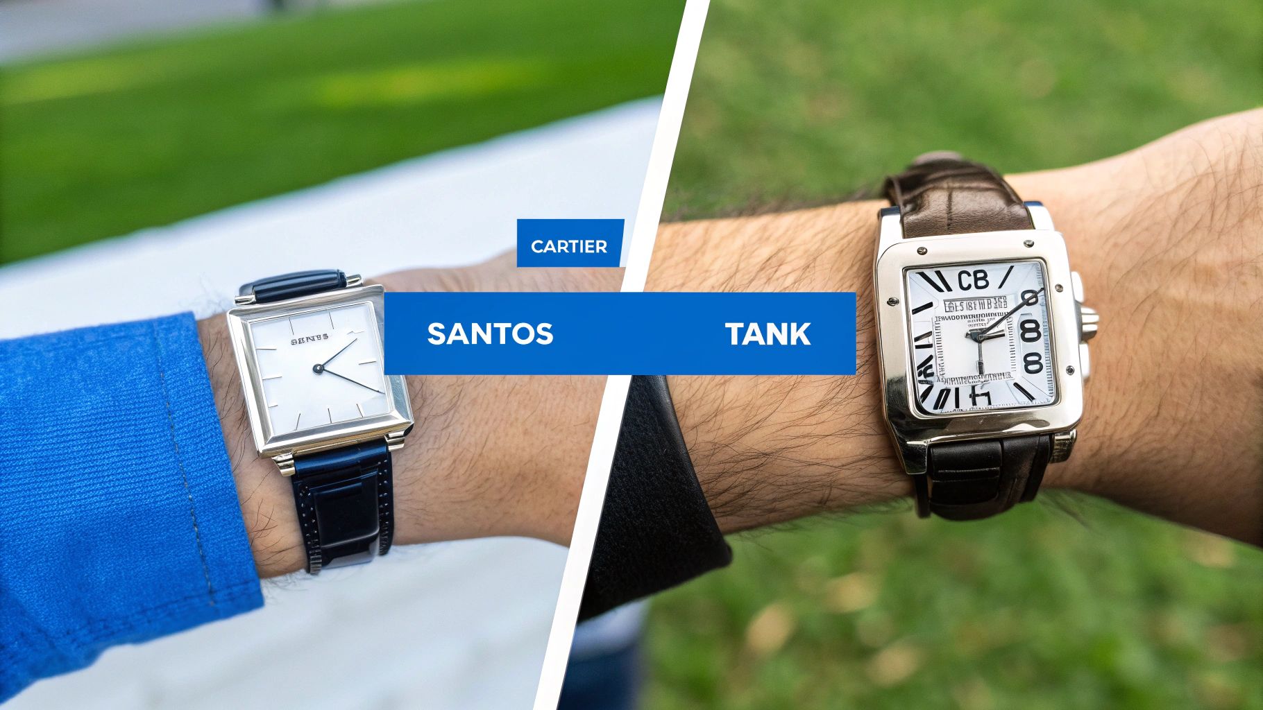Close-up comparison of two Cartier watches, a golden Santos and a silver Tank, on wrists.