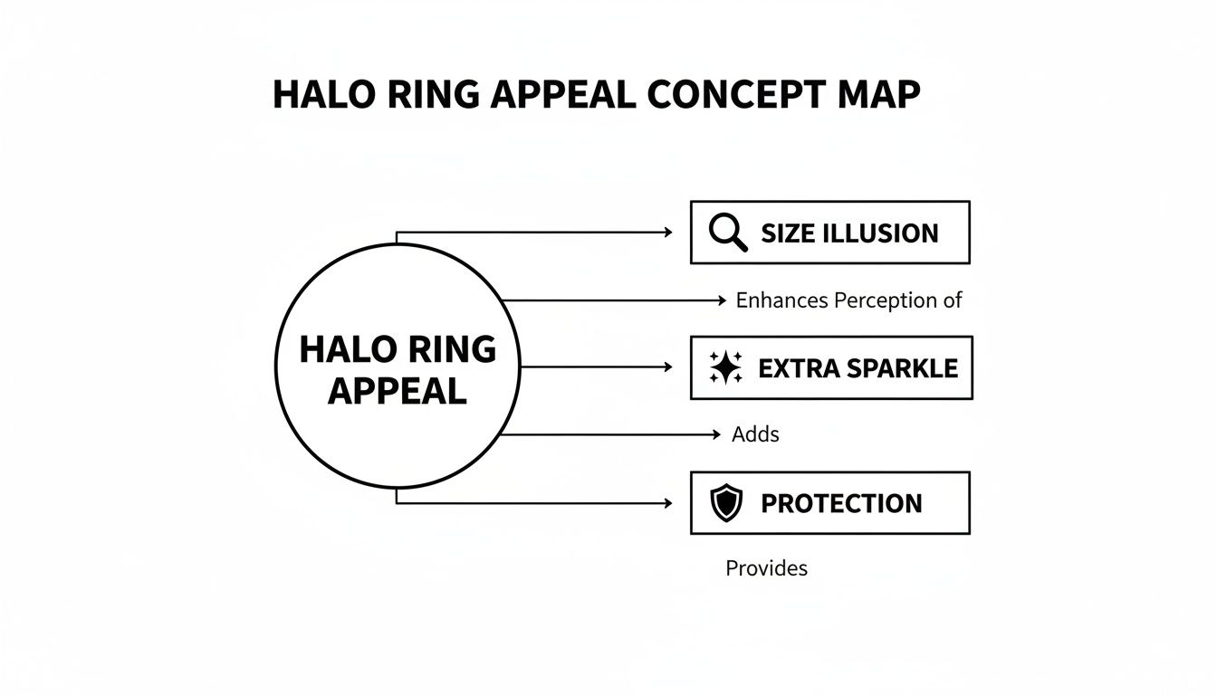 A concept map showing the halo ring appeal with benefits like size illusion, extra sparkle, and protection.
