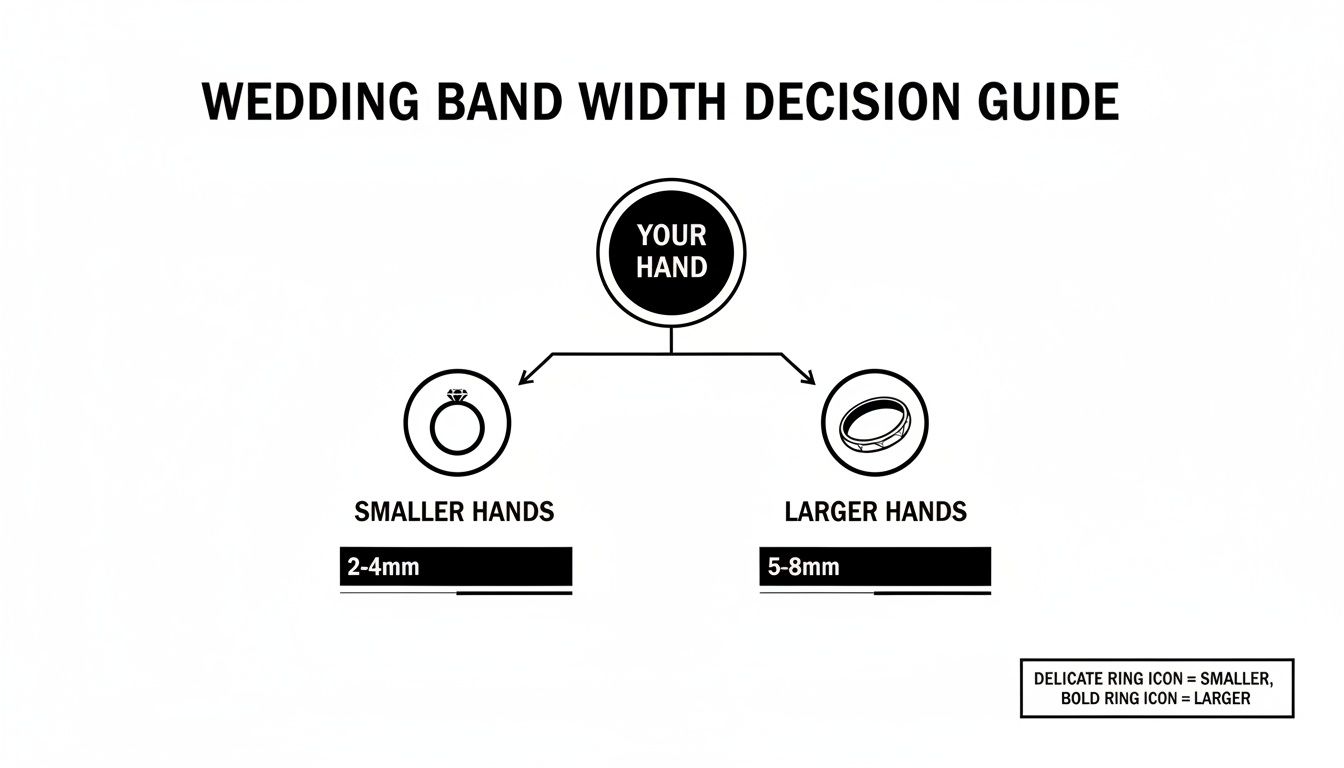 A decision guide for wedding band widths, recommending 2-4mm for smaller hands and 5-8mm for larger hands.