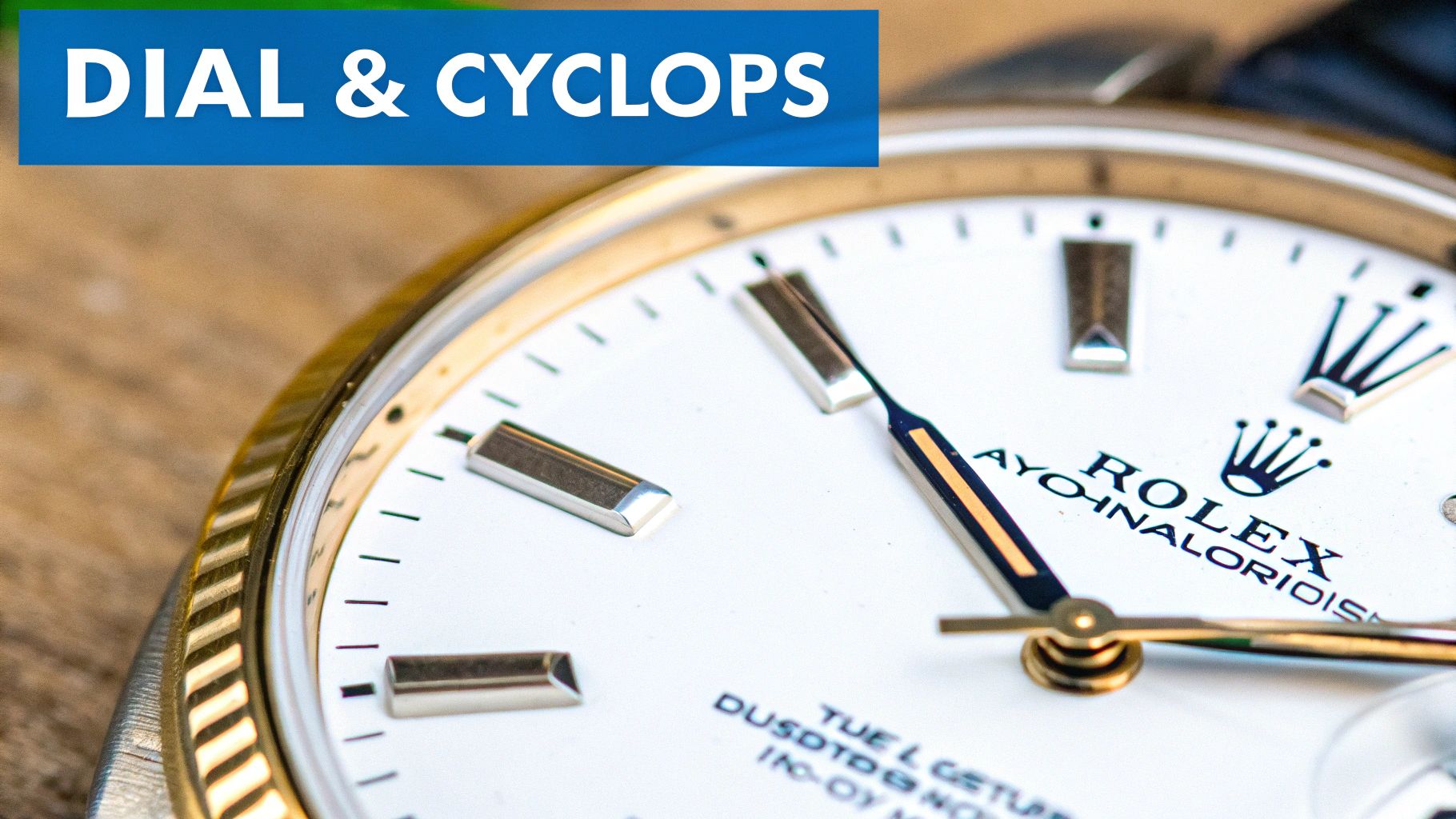A detailed close-up of a Rolex watch dial, highlighting the crystal and case.