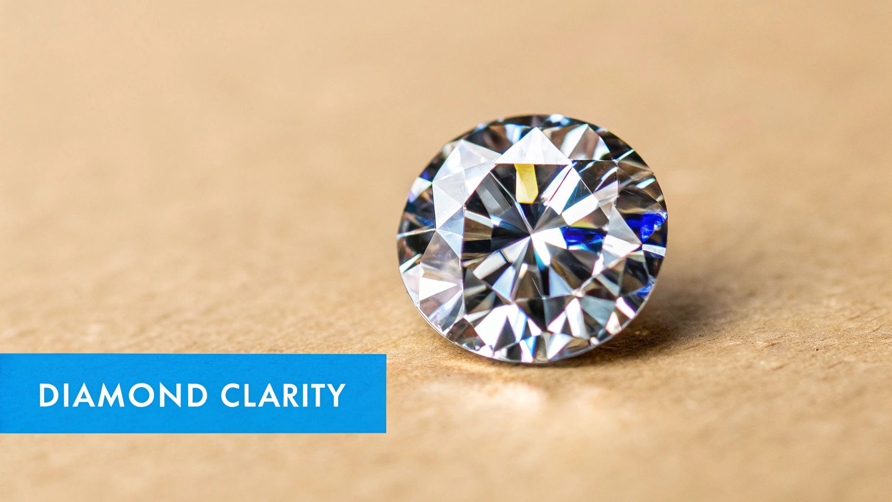 A sparkling, brilliant round-cut diamond rests on a tan surface, highlighting diamond clarity.