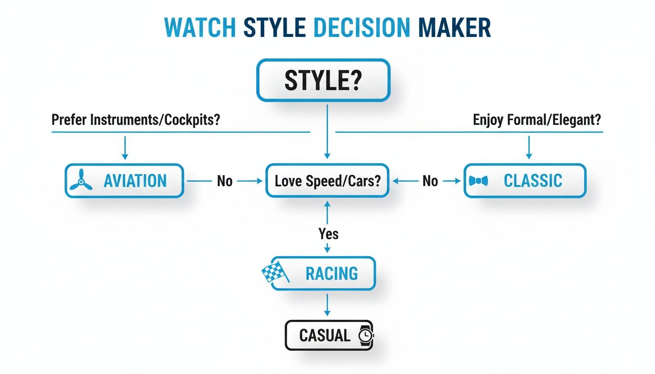 A watch style decision maker flowchart guiding users to choose between aviation, classic, racing, and casual styles.