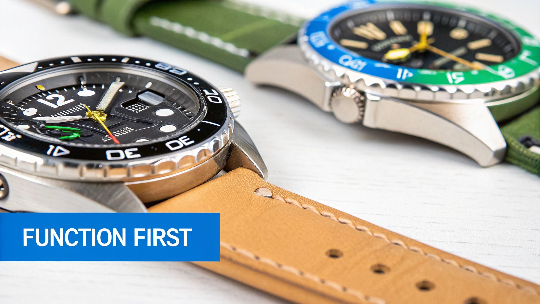 Close-up of two men's dive watches, one with a brown leather strap and one with a green strap.