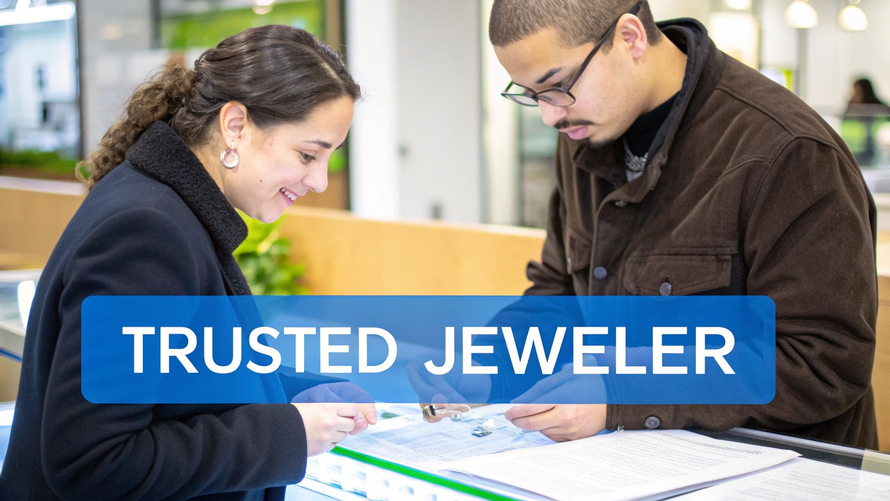 Close-up of a jeweler inspecting a diamond with tweezers.