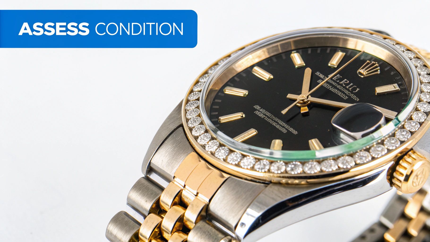 A watchmaker using a magnifying loupe to inspect the details of a Rolex watch.