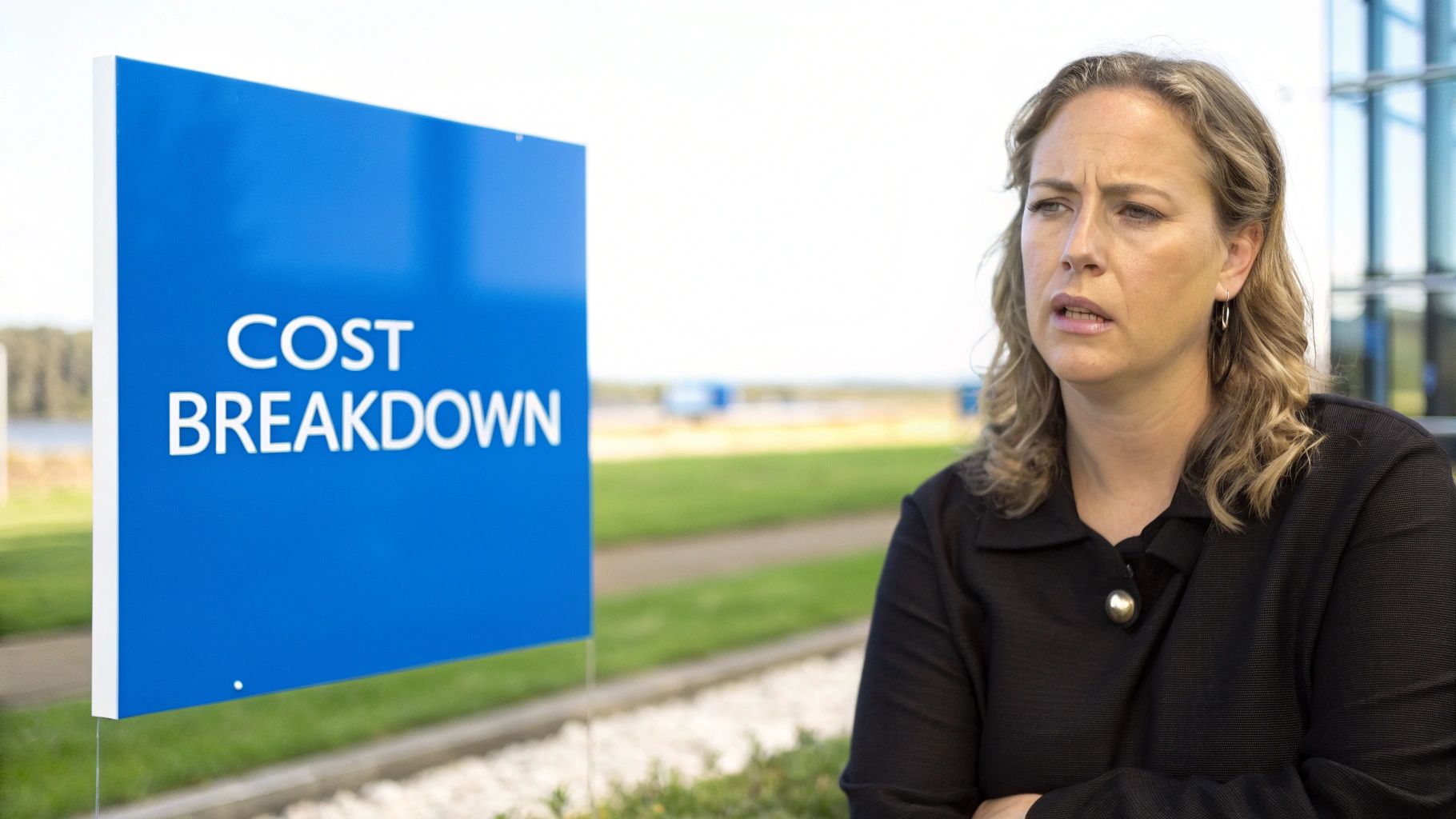 A serious woman in a black shirt stands next to a blue 'COST BREAKDOWN' sign outdoors.