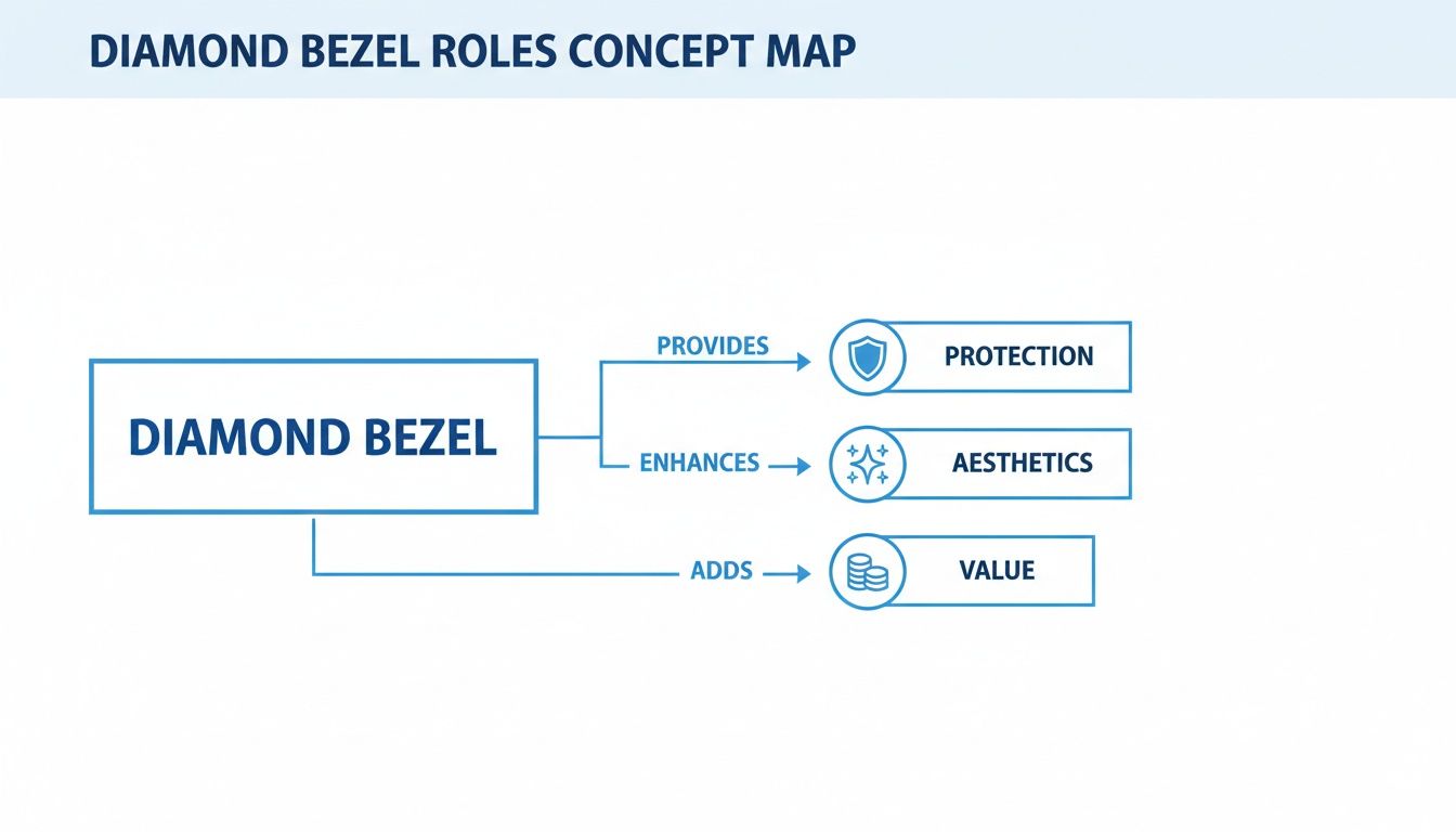 Concept map illustrating the roles of a diamond bezel, providing protection, enhancing aesthetics, and adding value.