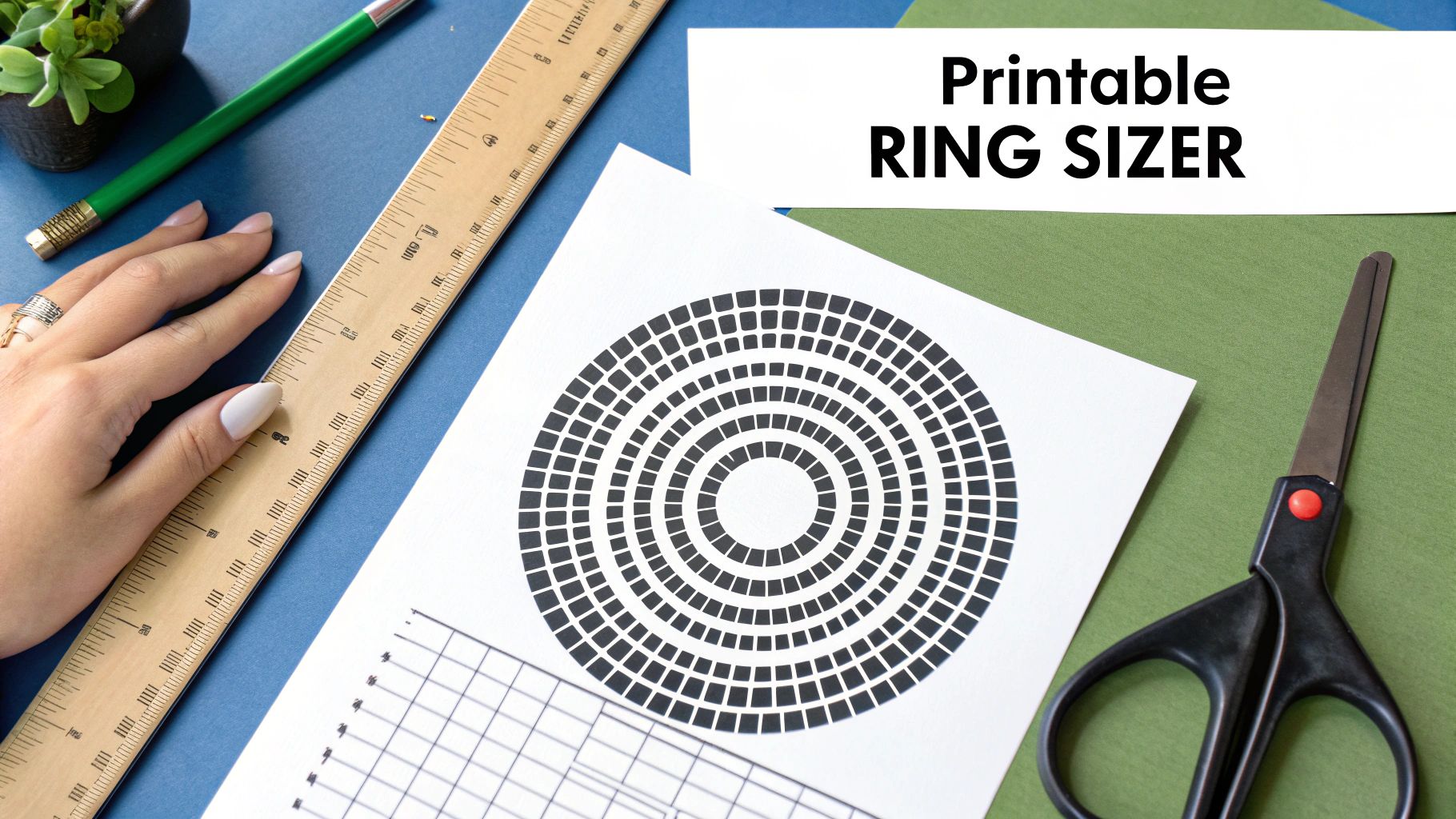 Flat lay showing a printable ring sizer, a wooden ruler, pencil, and scissors on a desk.