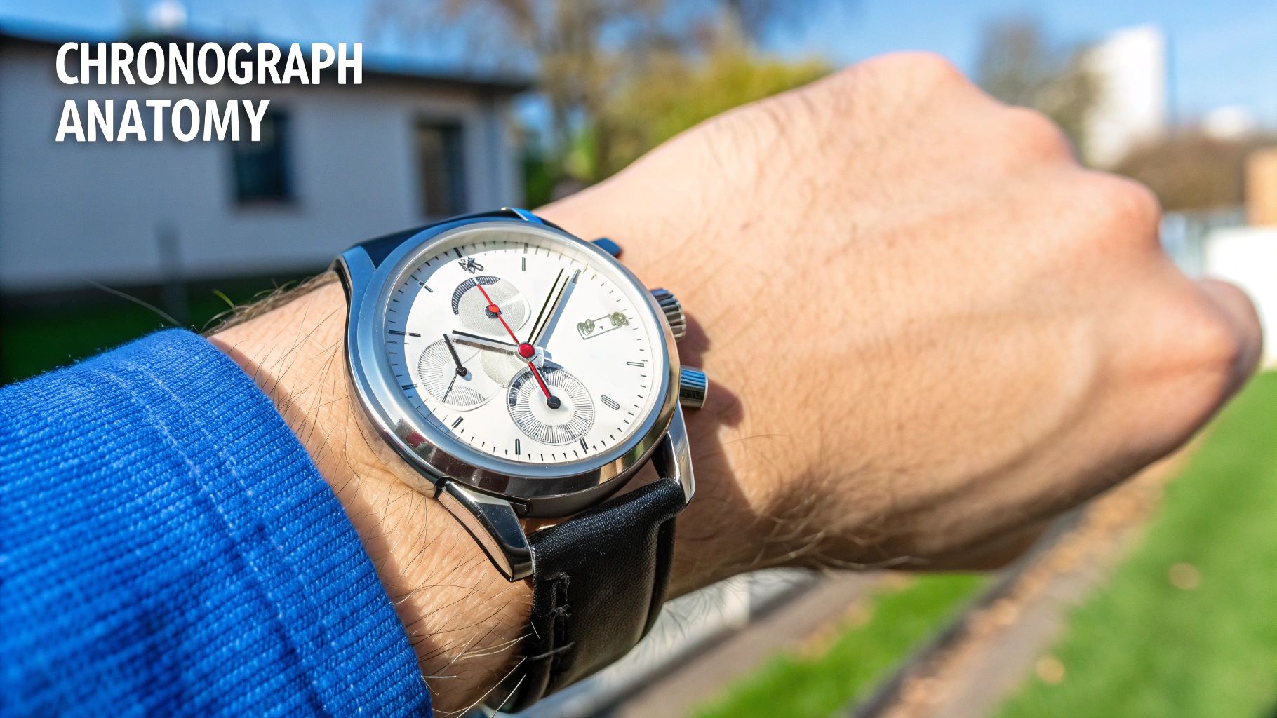A close-up shot of a man's wrist wearing a stylish silver chronograph watch with a white dial and black leather strap outdoors.