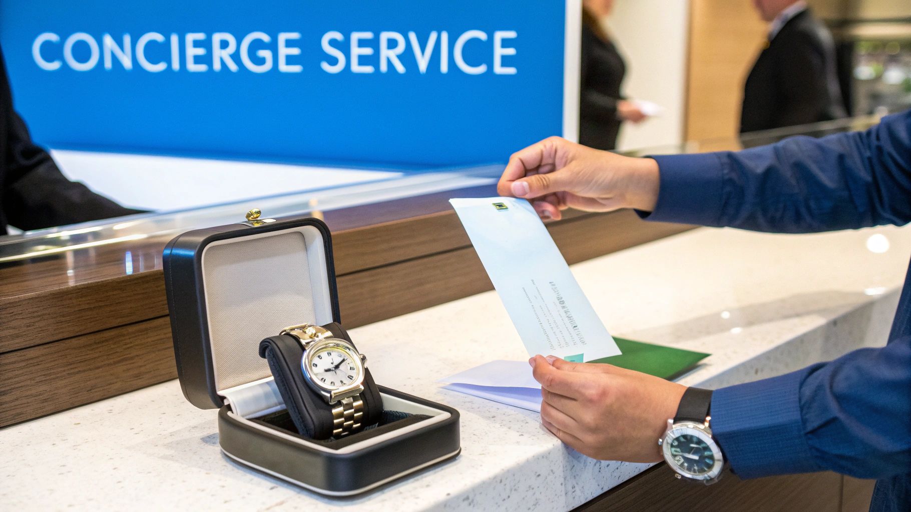 A customer at a concierge service desk presenting documents with a luxury watch in a box.