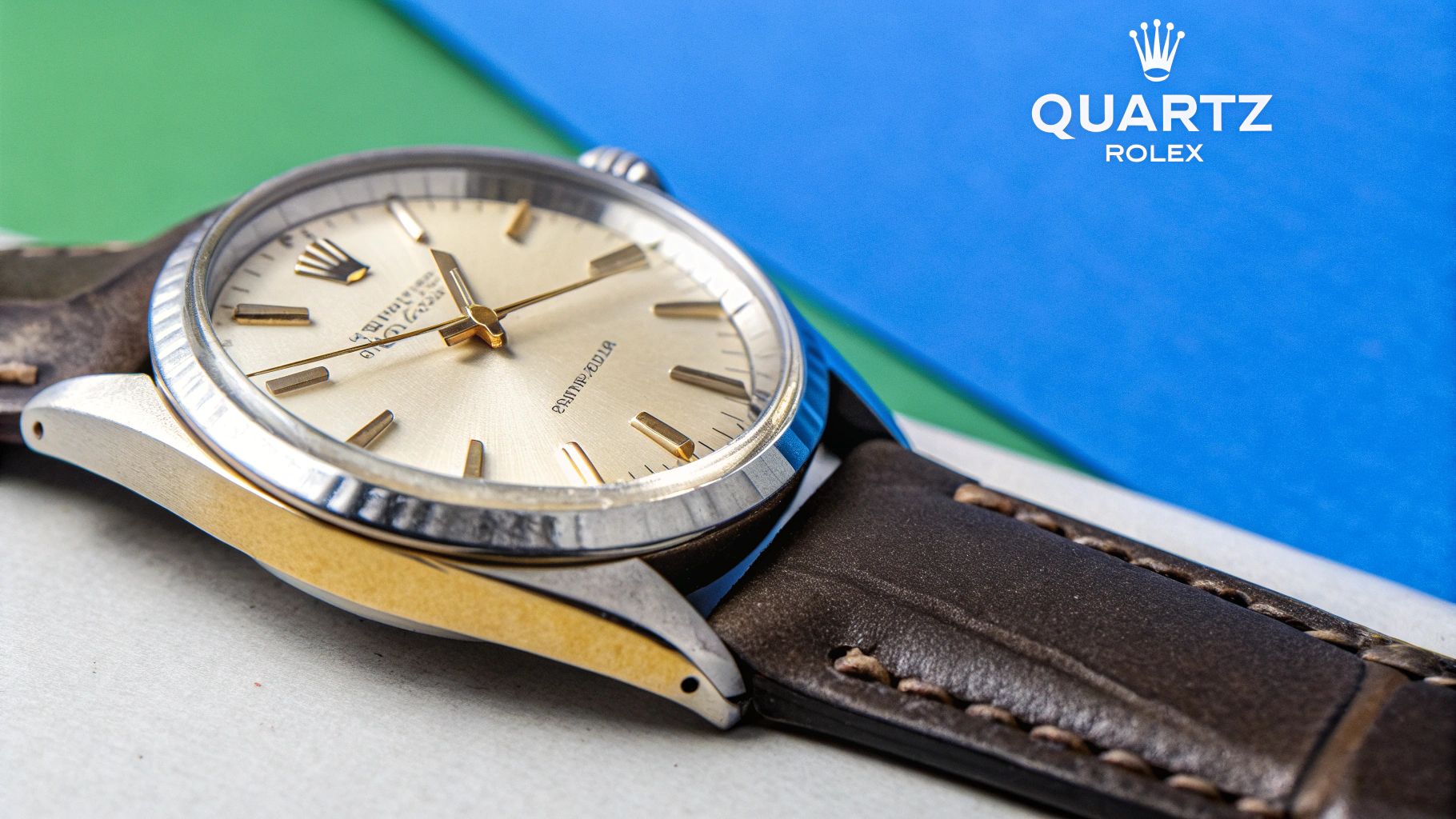 A close-up of a vintage Rolex Oysterquartz watch, showing its distinctive angular case design.