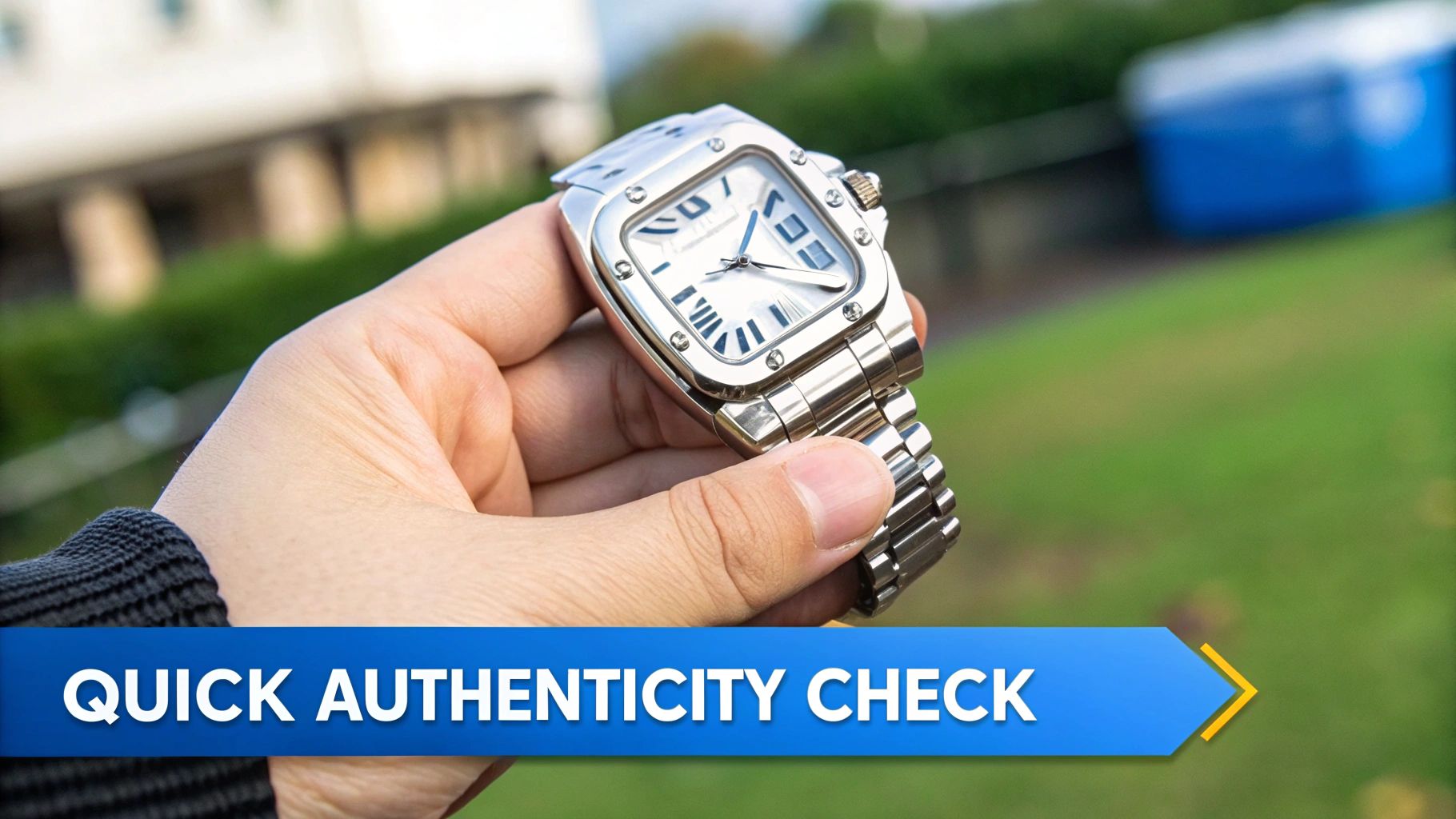 A person's hand holds a silver Cartier Santos watch with Roman numerals for an authenticity check.